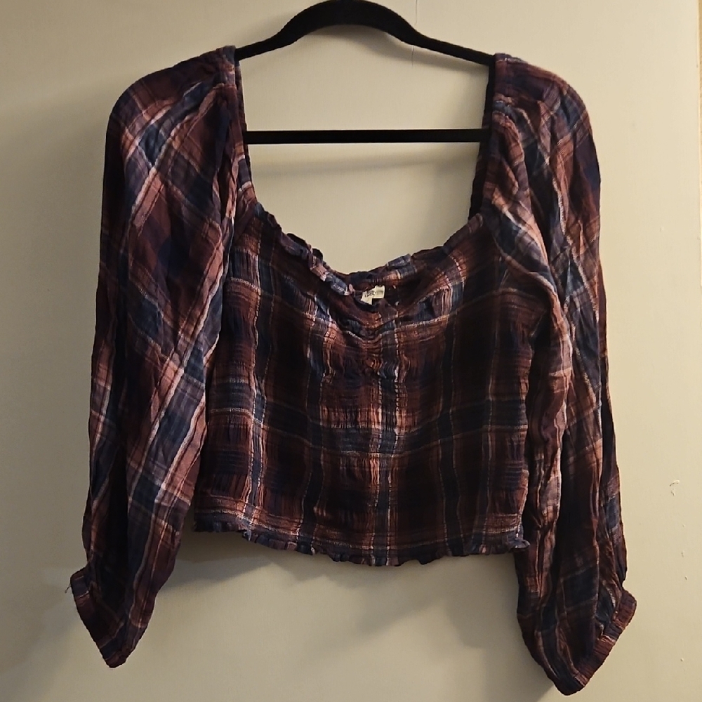 NWT American Eagle Women's Smocked Blouse Purple and Blue Plaid